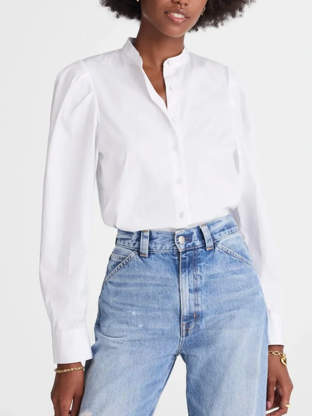 Madewell Button Up Band Collar Pleated Puff Sleeve Shirt White Size S NWT